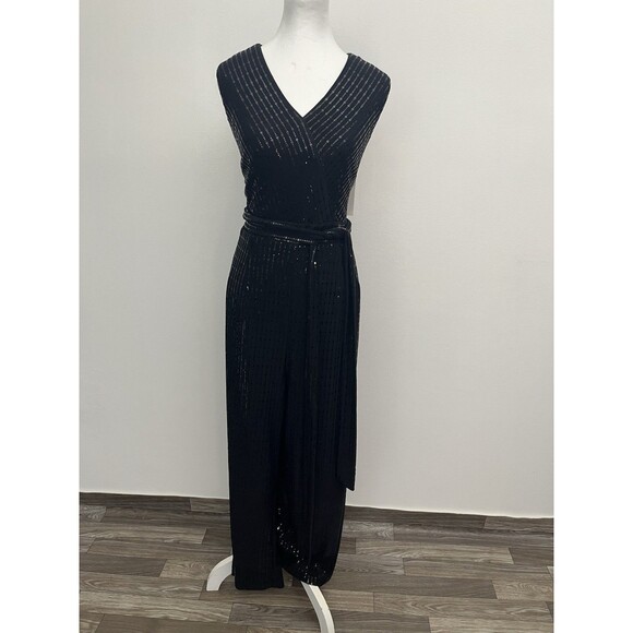 Lane Bryant Women Jumpsuit Black Belted Sleeveless Wide Leg Sequin 14/16 Petite - Picture 1 of 13